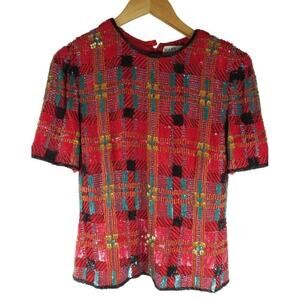 Niteline Vintage Silk‎ and Sequin Plaid Top - M